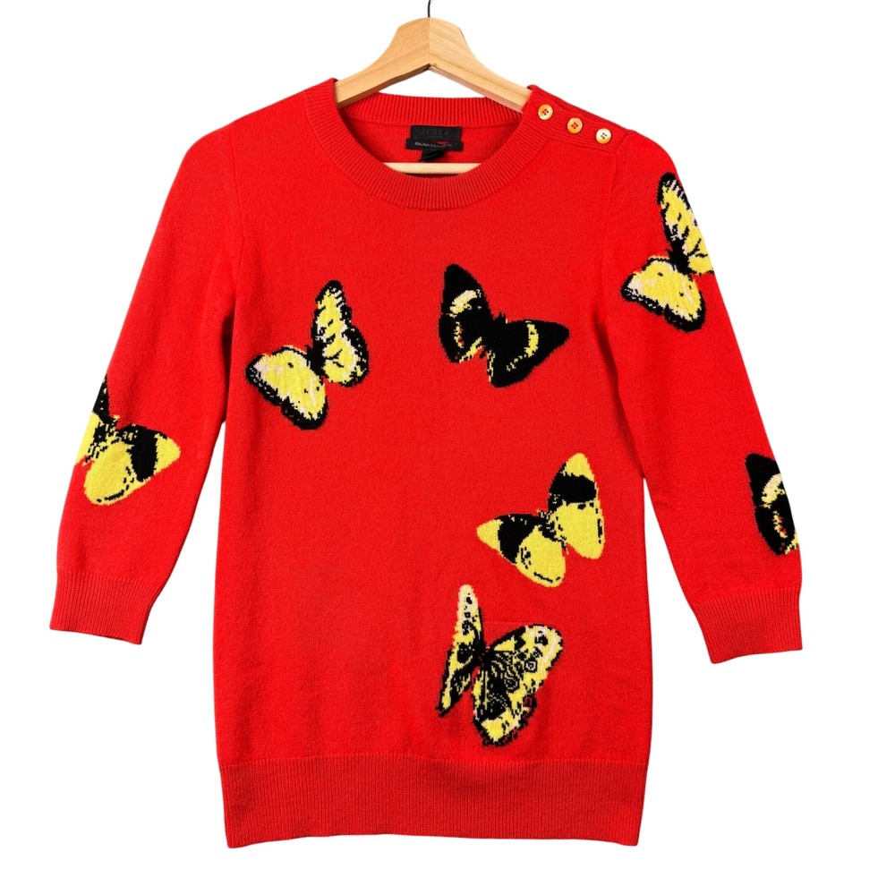 J.Crew Collection Red Italian Cashmere Butterfly Sweater Size‎ XXS 3/4 Sleeve
